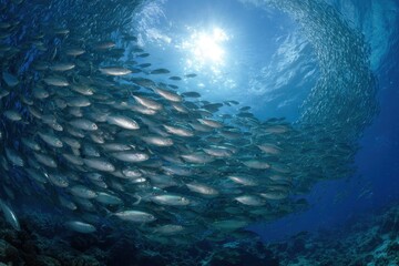 Vast school of silver fish swims together under sunlit ocean surface