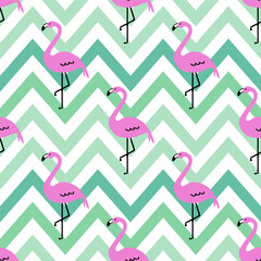Summer seamless pattern with pink flamingo on striped background