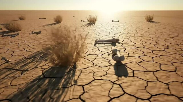 Scattered bones on a dry, cracked earth surface with sparse desert plants under a sunny sky.