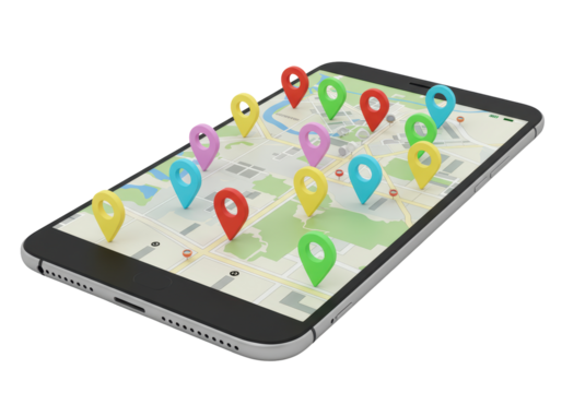 Isolated Smartphone with Location Pins Displayed on Map