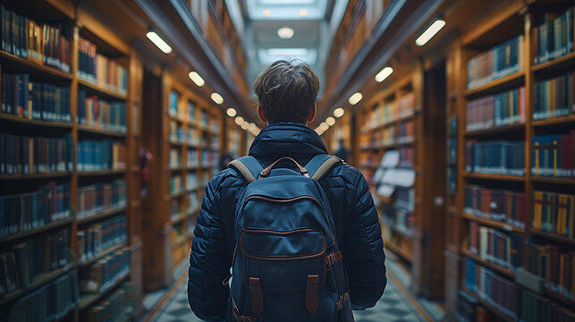 Student exploring library bookshelves in a well lit academic setting