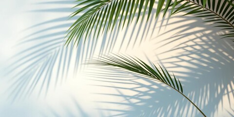 Obraz premium Subtle palm leaf shadows on a pastel blue and beige wall, smooth color gradient, mood, soft