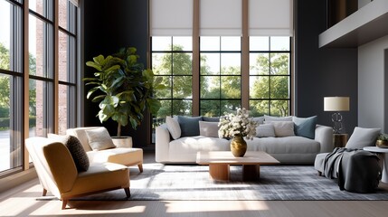 Modern living room design featuring large windows and stylish furniture in a bright, airy setting