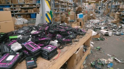An immersive view of the warehouse floor where drone components are sorted by type, and volunteers bundle kits with chargers, prop guards, and SD cards - Powered by Adobe