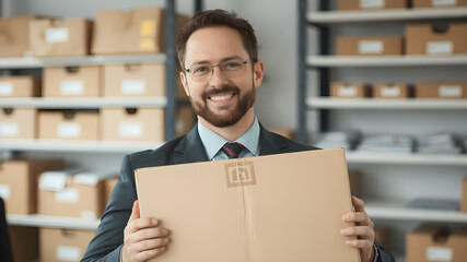 A businessman in formal attire is holding a plain cardboard box in an office setting. The background features blurred shelves, indicating a workspace filled with packages