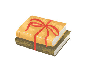 Stack of vintage books tied with ribbon. Hand-painted illustration.