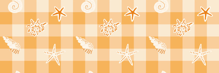 Seamless seashell pattern with orange plaid background.