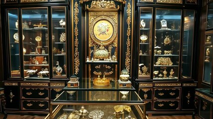Ornate antique gold objects displayed in museum showcase cabinets, collectibles, historical items.