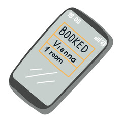 Smartphone screen with booking confirmation, hand drawn in minimal flat style. Concept of online reservation, travel planning and modern technology