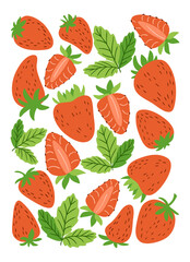 Strawberries and green leaves composition, hand drawn in bright flat style. Concept of summer freshness, healthy food and natural sweetness.