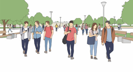College students walking on campus illustration with trees and street lamps
