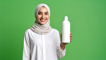 Smiling Woman in Hijab Holding a White Bottle on Green Background Product Promotion