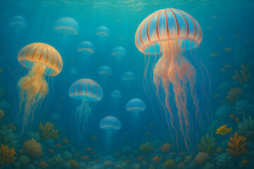 Digital Illustration of Jellyfish in a Colorful Underwater Coral Scene