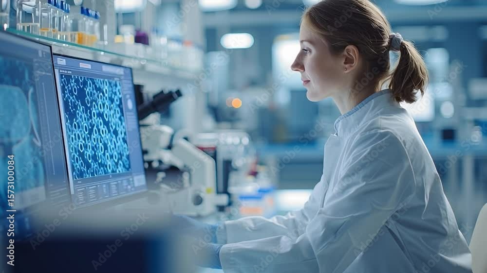 Poster scientist conducts research in laboratory using computer analysis