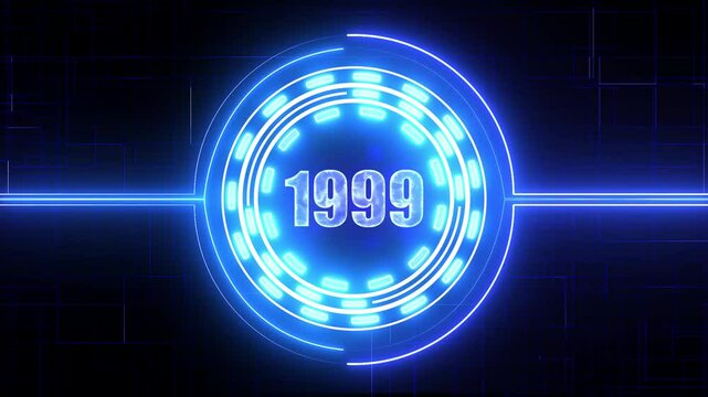 1999 text with screen effects of technological failures. Concept of counting years. Past year technology concept