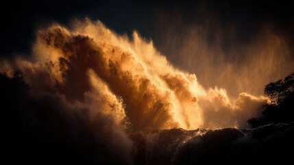 Golden waves crashing, dramatic sunset