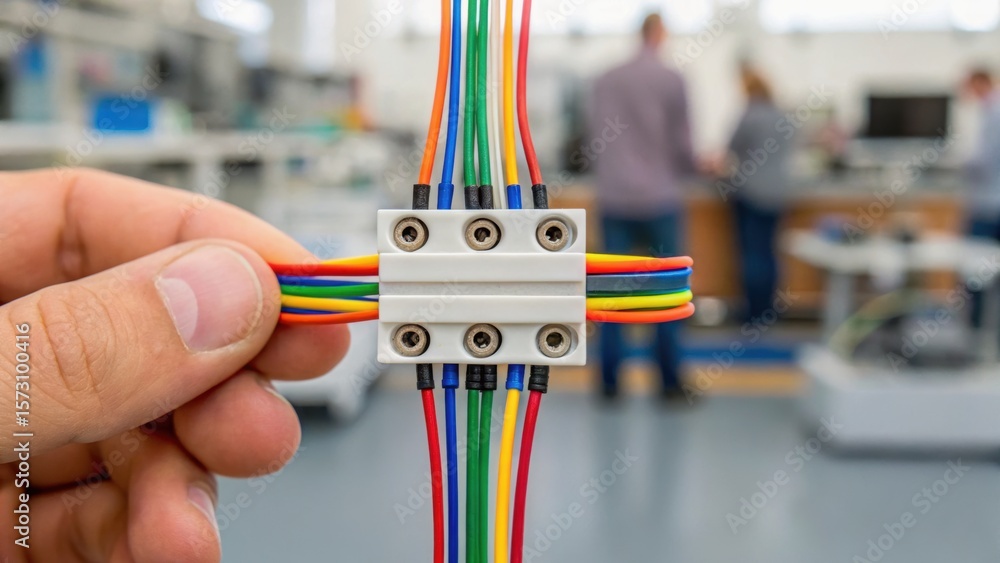 Poster a person holds a multi-colored wire connector in a technical environment, with blurred figures worki