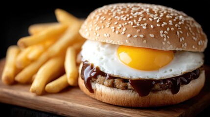 Perfectly crafted burger features a fried egg and rich sauce, accompanied by golden fries, showcasing tempting culinary artistry