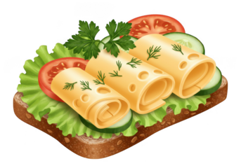 Delicious open faced sandwich with cheese rolls and fresh vegetables isolated on transparent background