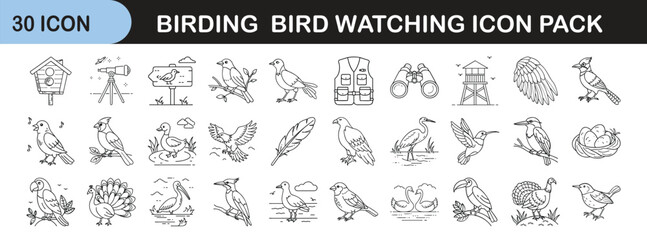 Bird Watching and Birding Line Icon Set - Collection of 30 minimal birding icons featuring birds, binoculars, feathers, nests, and birdwatching gear in clean outline style.
