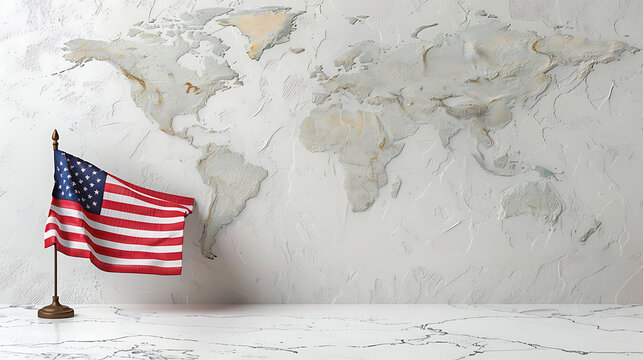Usa flag on wooden base with minimalist world map background