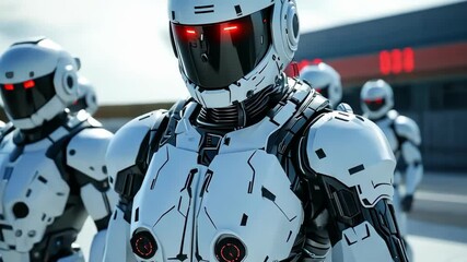 Line of futuristic robots with red eyes standing outdoors, technology concept - Powered by Adobe