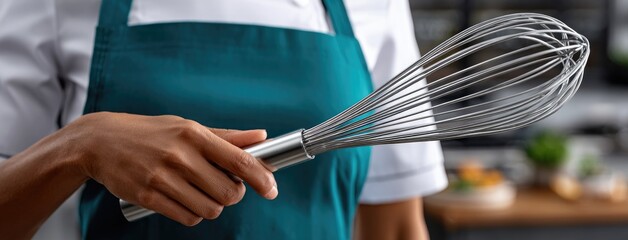 A talented female chef stands with arms crossed while holding a whisk, exuding confidence in a kitchen with a neutral backdrop