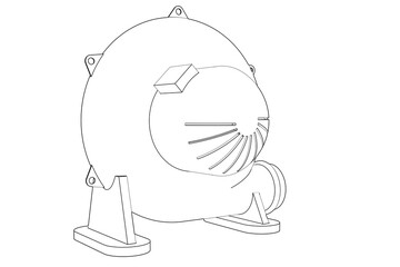 Detailed line drawing of a centrifugal blower, often used for industrial ventilation, HVAC systems, or air movement. Clean black and white technical illustration, ideal for engineering, design, or