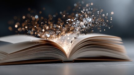 An open book emits magical sparkles, illustrating the power of imagination and creativity against a dark background