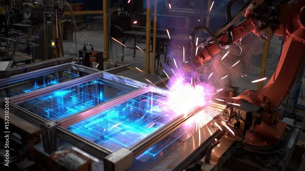 Poster robot welding process showcasing advanced technology in a factory setting