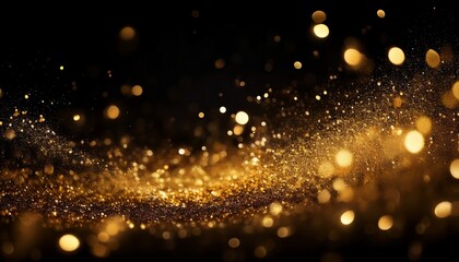 golden dust and glitter bokeh particles effects against black background shimmering gold lights abstract overlay