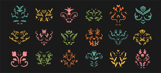 Set of colorful icons in boho style, smooth lines, plants. Suitable for websites, covers, prints, tattoos and posts. Isolated vector symbols on black background.