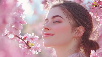 Naklejka premium A woman with long brown hair, wearing a pink top, standing in a garden with pink flowers.