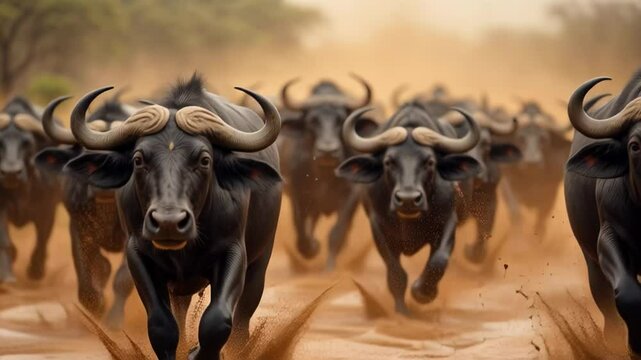 Herd of buffaloes stampede through shallow water as dust rises