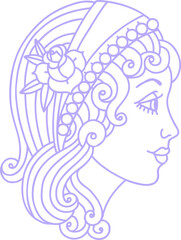 tattoo in black line style of a gypsy head in bright neon color