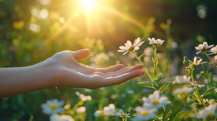 A hand reaching out to touch a daisy in a field of flowers under a bright sun.