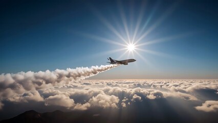 Cloud Seeding with Airplane. Airplane flying through bright sun rays a