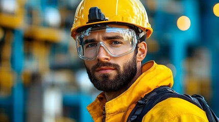 Focused construction worker wearing a yellow helmet and safety goggles, standing in an industrial setting.