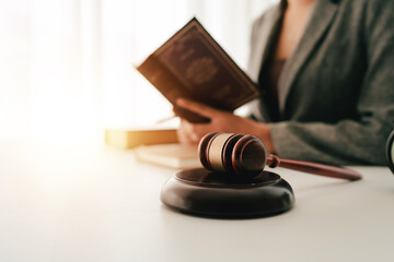 Female consultant or lawyer working in office. Legal concept. Justice and legal advice. Male judge in courtroom.