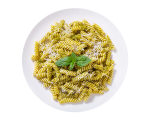 plate of pasta with pesto sauce isolated on transparent background, top view