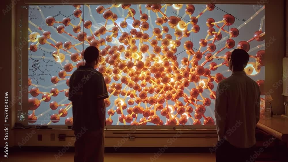 Poster scientists observe data in a laboratory using advanced technology