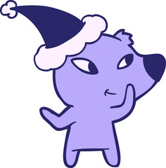 cute hand drawn line drawing of a bear wearing santa hat in bright neon color