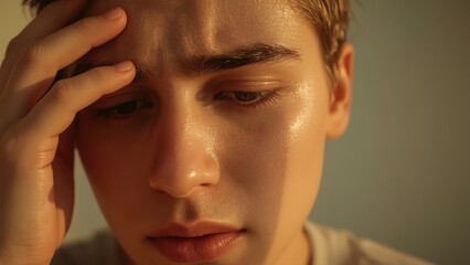 HIV Symptoms. Close-up young man thoughtful face warm light indoor por