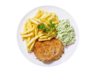 plate of pork schnitzel, french fries and salad isolated on transparent background, top view