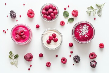 Berry cosmetic cream jars with natural ingredients, surrounded by berries and herbs