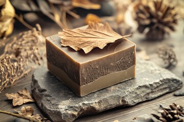 Natural handcrafted soap with leaf on stone background surrounded by autumn leaves and pine cones
