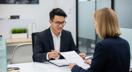 Two business professionals discussing a document in an office setting.