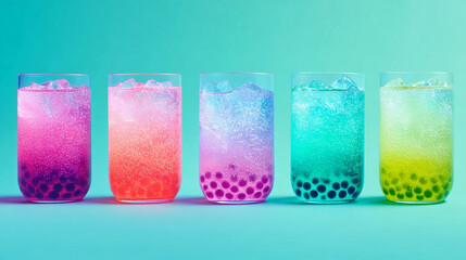 Beautiful studio photo with glasses of bubble tea, banner with refreshing tasty summer drinks