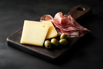 Minimalist charcuterie board featuring aged cheese slices, prosciutto, and olives on dark wooden board