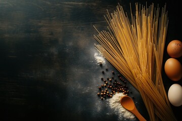 Dramatic flat lay of uncooked spaghetti with eggs, flour, and spices